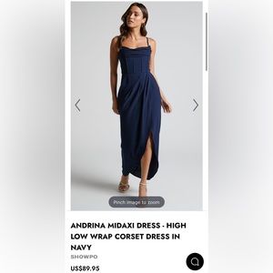 ANDRINA MIDAXI DRESS - HIGH LOW WRAP CORSET DRESS IN NAVY sz 4 Showpo